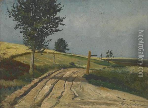 Sommerliche Feldpartie Mit Landstrasse Und Wegweiser. Oil Painting - Franz Bunke