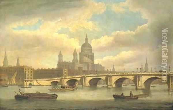 View of the River Thames with St. Paul's Cathedral and Blackfriars Bridge Oil Painting - Thomas Luny