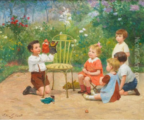 Playing With Puppets Oil Painting - Victor-Gabriel Gilbert