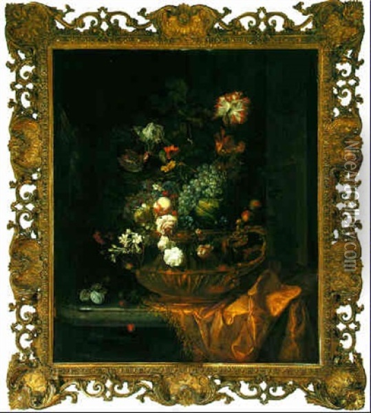 Still Life Of Fruit And Flowers In A Gilt Bronze Urn On A Stone Ledge, Partly Draped With A Silk Cloth Oil Painting - Jakob Bogdani