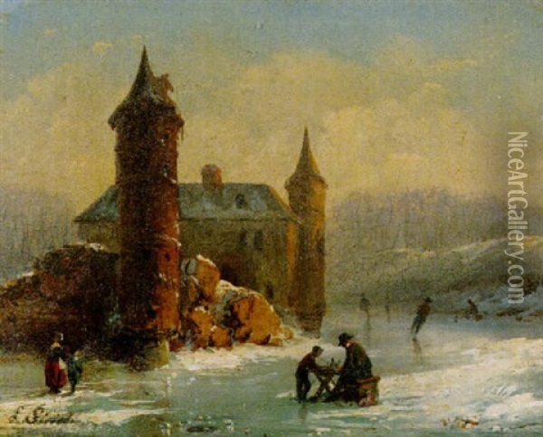 Altes Castell Am Ufer Eines Vereisten Flusses Oil Painting - Louis (Ludwig) Sierig