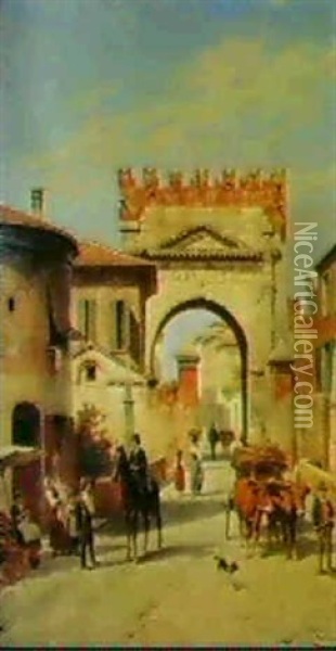 A Busy Street Scene In Italy Oil Painting - Jacques Francois Carabain