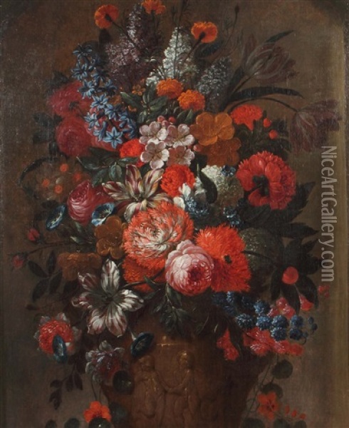 Stillleben Mit Prachtvollem Blumenbouquet In Einer Kratervase Oil Painting - Gaspar Pieter Verbruggen the Younger