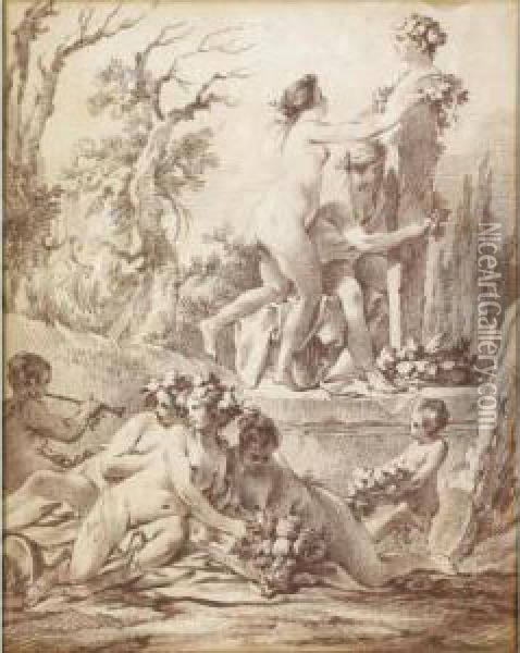 A Bacchanale: Naked Nymphs Decorating A Herm Oil Painting - Jean-Baptiste-Marie Pierre