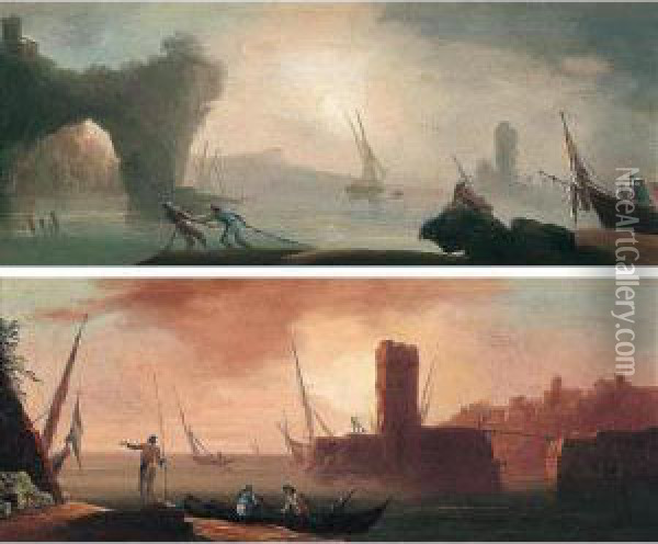 Coastal Landscapes With Fishermen At Dawn And Dusk Oil Painting - Francesco Fidanza