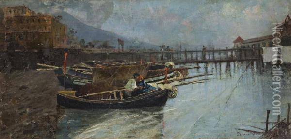 Barche In Riva Al Mare Con Pontile E Vesuvio Sullo Sfondo Oil Painting - Carlo Brancaccio
