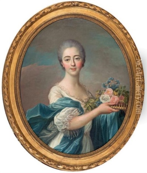 Portrait De Femme Tenant Un Panier De Fleurs Oil Painting - Louis Michel van Loo