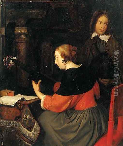 A lady making music with a youth in an interior Oil Painting - Gerard Terborch