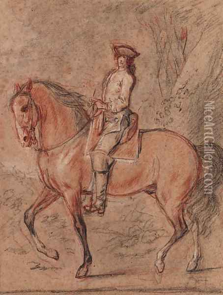 A gentleman wearing a tricorn hat on horseback in a landscape A study for an equestrian portrait of King Louis XV Oil Painting - Charles Parrocel