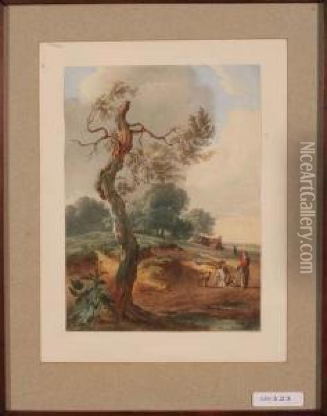 Paysage Et Personnages. 1837 Oil Painting - Luc Henri Mottu