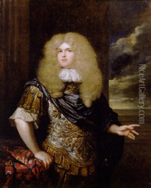 Portrait Of A Naval Officer On A Terrace By A Table, Wearing A Classical Style Armour, With A Blue Cloak, Lace Shirt And A Wig Oil Painting - Caspar Netscher
