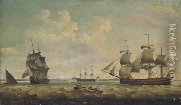 A Merchantman, In Two Positions, Off Harwich With A Large Royal Navy Warship Lying At Anchor Inshore Oil Painting - Thomas Luny