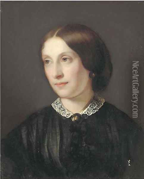 Portrait of a lady, bust-length in a black dress with white lace collar Oil Painting - Guido Schmitt
