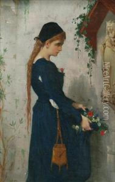 The Waysideshrine, A Young Girl Laying Flowers Oil Painting - Jean Baptiste Bertrand