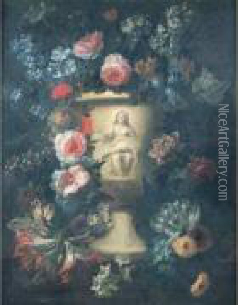 Guirlande De Fleurs Entourant Un Vase Oil Painting - Jan-baptist Bosschaert