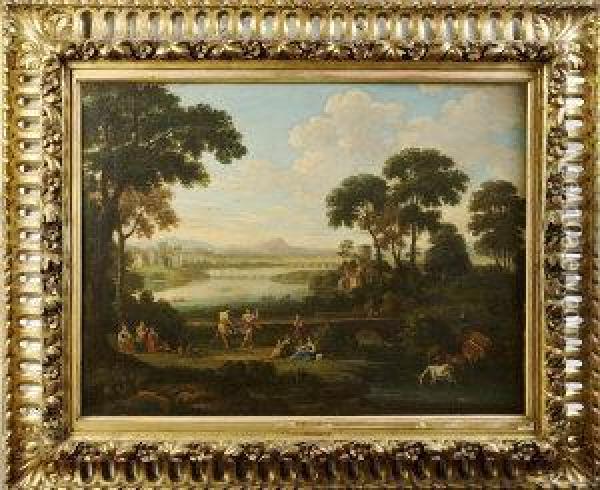Figures Dancing In An Arcadian Landscape, With Distant Castle And River Oil Painting - Lorraine Claude