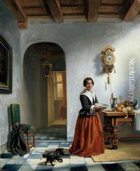 Altniederlandisches Interieur Mit Einer Jungen Frau Oil Painting - Johann Christian Gustav Zeitz