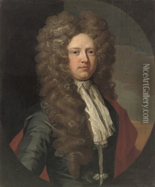 Portrait Of William, 6th Lord North And 2nd Lord Grey, In A Grey Coat And Red Wrap, A Landscape Beyond Oil Painting - John Closterman