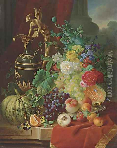 A Still Life with Peaches, Oranges, Melon, Roses and an Ewer on a stone Ledge Oil Painting - Jan Hendrik Verheijen