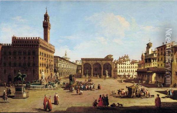 Florence, A View Of The Piazza 
Della Signoria Looking East, With The Palazzo Vecchio And The Loggia Dei
 Lanzi, And Figures Gathered Around A Puppet-show Oil Painting - Giuseppe Zocchi