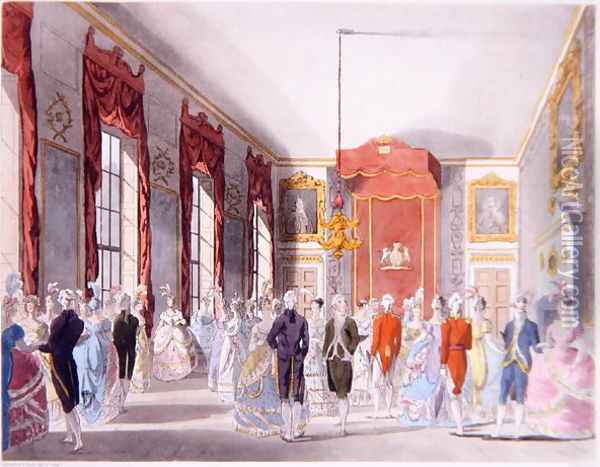 Drawing Room, St. Jamess, engraved by John Bluck fl.1791-1819 published by Ackermanns Repository of Arts, 1809 Oil Painting - T. Rowlandson & A.C. Pugin