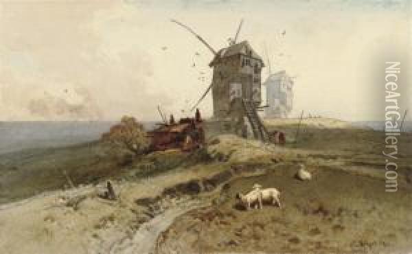 Windmills In A Landscape Oil Painting - Charles Hoguet