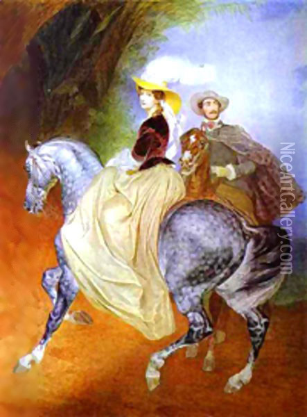 Portrait of Ye Mussart and E Mussart Riders 1849 Oil Painting - Julia Vajda