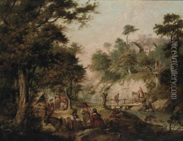 A Wooded Landscape With Gypsies Outside A Tent, Figures On A Wooden Bridge, And A House Beyond Oil Painting - Nicolas Bernard Lepicie