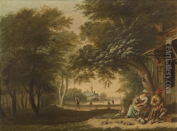 Waldige Landschaft Mitbauernhutte Und Wandernder Bettlerfamilie Oil Painting - Albertus Jacobus Besters
