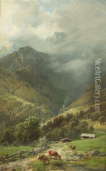 Sommerliche Alpenlandschaft Mit Kuhen Oil Painting - Bernhard Muehlig