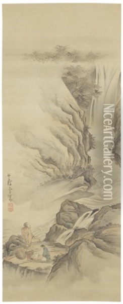 Li Bo Viewing A Waterfall And Du Fu In Contemplation Oil Painting - Rosetsu Nagasawa