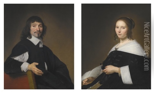 Portrait Of Francois Dermout, Seated; Portrait Of His Wife Cornelia Hammius, Seated, With A Quill In Her Hand (pair) Oil Painting - Johannes Cornelisz Verspronck