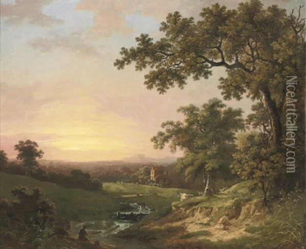 A Wooded River Landscape At Dusk, With An Angler In The Foreground And A Cottage Beyond Oil Painting - George Cuitt the Elder