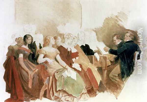 Study for An Evening at Baron von Spaun's: Schubert at the piano among his friends, including the operatic baritone Heinrich Vogl 1845-1900 Oil Painting - Moritz Ludwig von Schwind