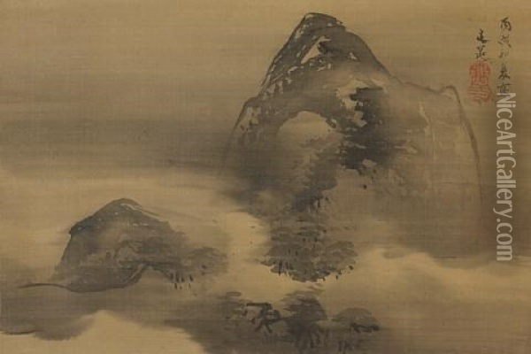 Travellers At The Foot Of Mt. Fuji (pair) Oil Painting - Sakai Doitsu