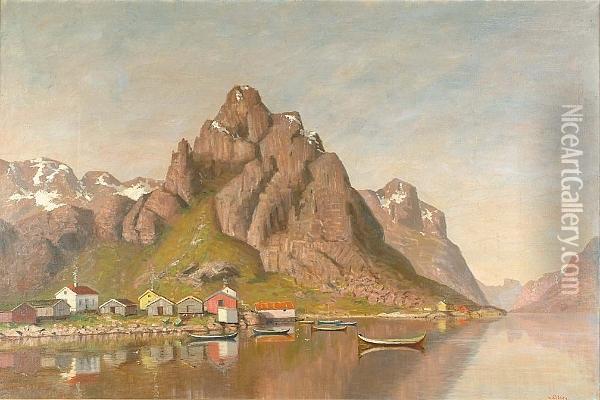 A Small Hamlet By A Fjord Oil Painting - Johannes Von Ditten