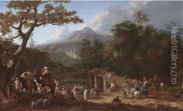A Turkish Caravan In An Extensive Mountainous Landscape Oil Painting - Jan-Baptiste van der Meiren