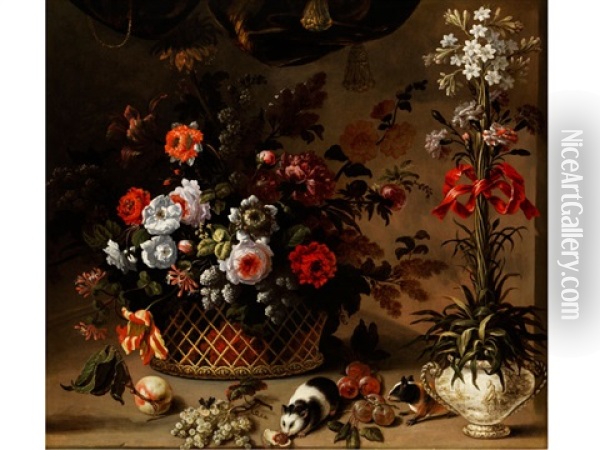 Grosses Blumenstilleben Mit Meerschweinchen Oil Painting - Jean-Baptiste Belin de Fontenay the Elder