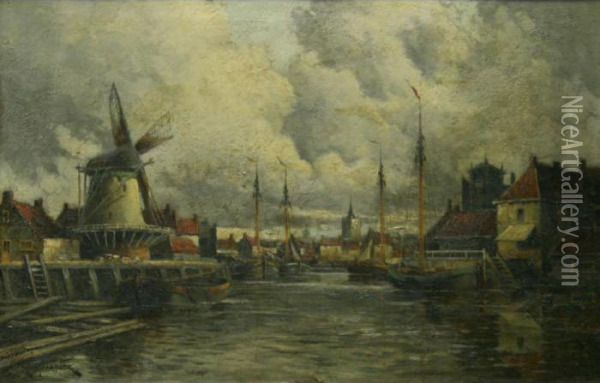 A Dutch Harbour Scene Oil Painting - Hermanus Jr. Koekkoek