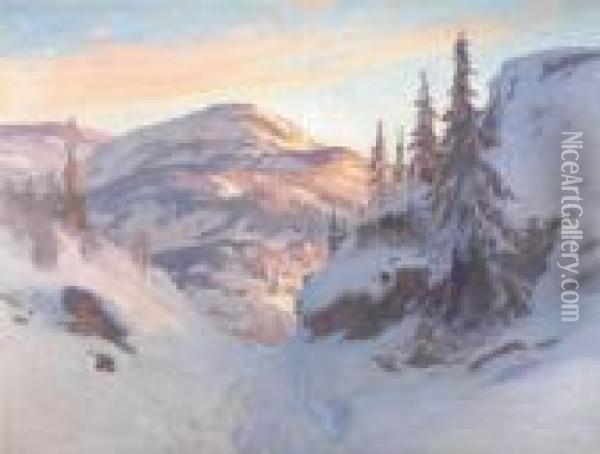 Vinterlandskap, Sol Over Fjallet. Signerad. Duk, 96x128 Oil Painting - Carl Brandt