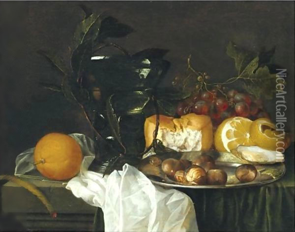 Still Life With A Roemer, A Peeled Lemon, Bread, An Oyster And Chestnuts On A Pewter Dish Oil Painting - Jan Davidsz. De Heem