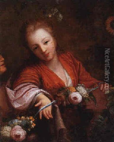 Portrait Of A Girl Making A Posy Of Flowers Oil Painting - Jacques-Francois Courtin