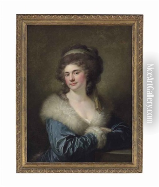 Portrait Of Countess Julia Potocka, Nee Lubomirska (1764-1794), Half-length, In A Blue Cloak With A White Fur Collar, Leaning On A Pedestal Oil Painting - Johann Baptist (Giovanni) Lampi III