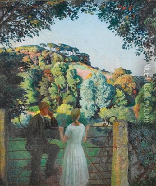 Midge Bruford And Her Fiance At Chywoone Hill, Newlyn Oil Painting - Harold Harvey