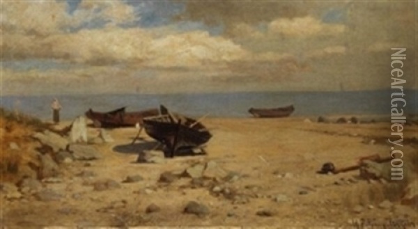 Segelboote Am Strand Oil Painting - Heinrich Petersen-Angeln