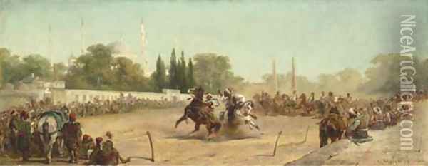 A Horse Race in the Hippodrome before the Mosque of Sultan Ahmet, Constantinople Oil Painting - Adolf Schreyer