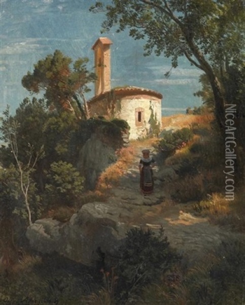 Italienische Landschaft Mit Kapelle. Achenbach Oil Painting - Oswald Achenbach