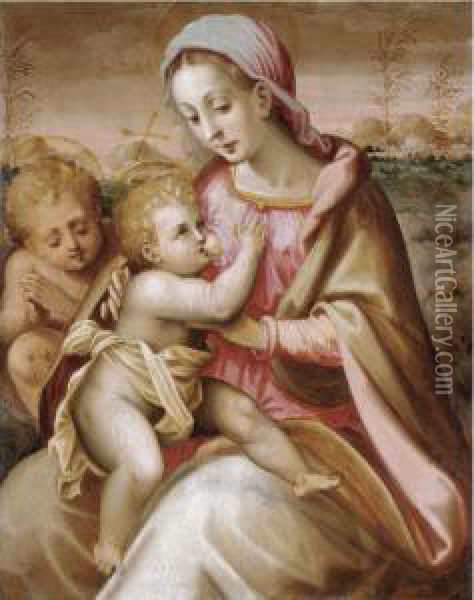 The Madonna Suckling The Christ 
Child With The Infant Saint John The Baptist In A Landscape Oil Painting - Francesco Brini Active Florence