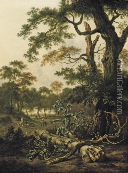 A Wooded Landscape With A Fallen Tree Trunk, Thistle And Figures Beyond Oil Painting - Jan Wijnants