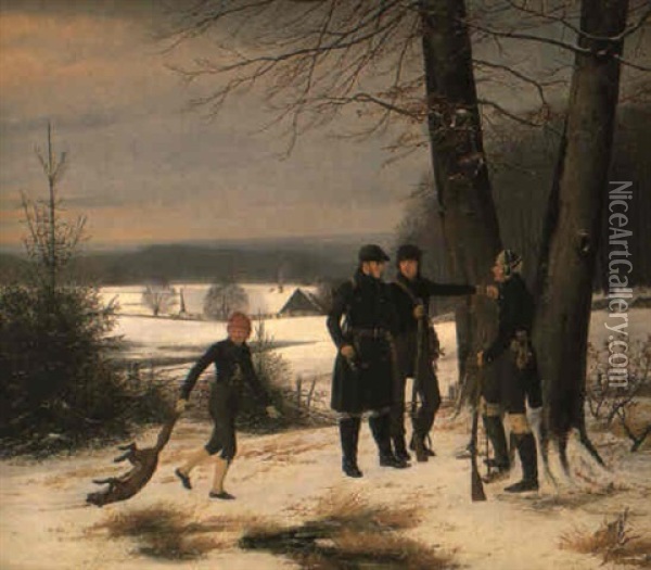 Vinterlandskab Med Jaegere Og En Jagtbetjent Under Tr+ Oil Painting - Wilhelm Ferdinand Bendz